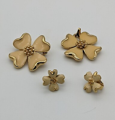 #ad Vintage Enamel? Jewelry set Pendant brooch clip on earrings creamy yellow shape $26.24