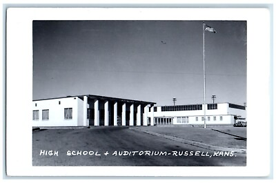 #ad c1940#x27;s High School amp; Auditorium Russell Kansas KS RPPC Photo Vintage Postcard $14.98