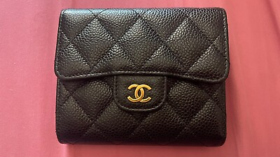 #ad Chanel caviar quilted compact flap wallet in Black and Gold hardware $800.00