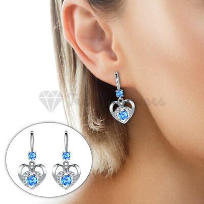 #ad Ladies Charming Solid Blue Heart Crystal Drop Stud Earrings 925 Sterling Silver GBP 4.99