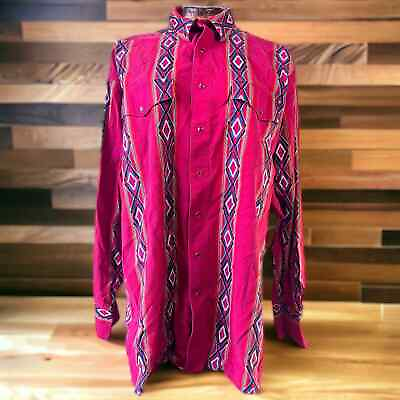 #ad #ad VINTAGE Wrangler Brushpopper Shirt Mens XL Pearl Snap Long Sleeve Red Aztec $29.99