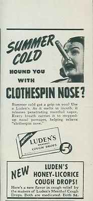 #ad 1944 Ludens Cough Drops Honey Clothespin Nose Summer Cold Vtg Print Ad L30 $7.99