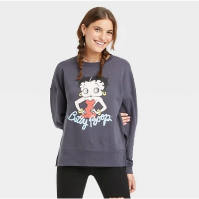 #ad NWT Betty Boop Graphic Split Hem Lightweight Crewneck Sweatshirt Gray M $15.00