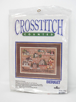#ad Vintage Bernat Neighbors Sampler Counted Cross Stitch Kit 11x14quot; Craft 1989 NOS $11.28
