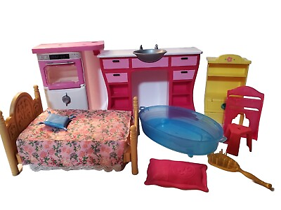 #ad 9 Piece Barbie Furniture Lot Vintage Modern Mix Oven Bed Sink Stool Shelf $24.99
