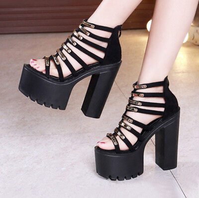 #ad Womens Platform High Heel Block Back Zipped Sandals Ladies Party Evening Shoes $45.53