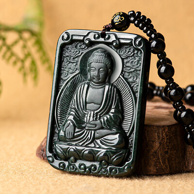 #ad Burmese Jade Buddha Pendant Necklace Jewelry Black Natural Designer Jadeite $79.75