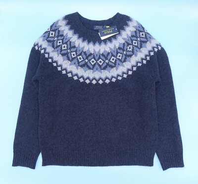#ad Size Large Polo Ralph Lauren Yoke 100% Wool Sweater Navy $149.99
