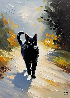 #ad 5x7 Black Cat Kitten Print Painting Art Work By Artist Luna A1 $14.99