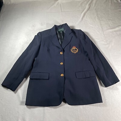 #ad Ralph Lauren Blazer Womens 16 Wool Blue Jacket Crest Gold Button Padded Shoulder $112.49