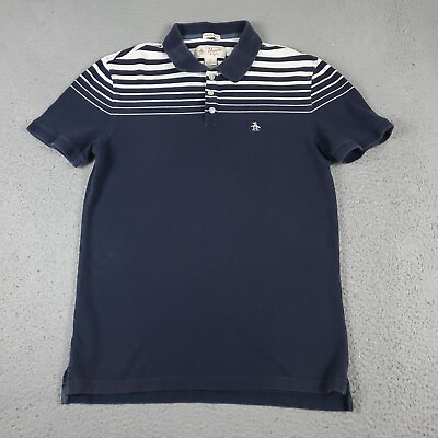 #ad Penguin Munsingwear Polo Shirt Mens Medium Blue Striped Casual Short Sleeve * $18.95