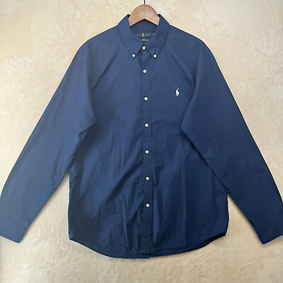 #ad Ralph Lauren Men Size XL Solid Blue Stretch Cotton Slim Fit Casual Shirt $29.99