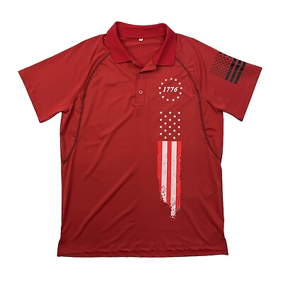 #ad 1776 Patriotic Polo Shirt Mens L Large Red Independence Day American USA Flag $16.95