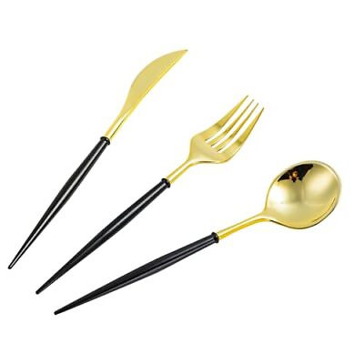 #ad 90PCS Gold Plastic Silverware Gold Plastic Cutlery Set with Black Handle Fa... $41.39