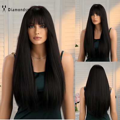#ad US Long Silky Straight Hair Wigs With Bangs For Black Women Daily Party Wigs $16.19