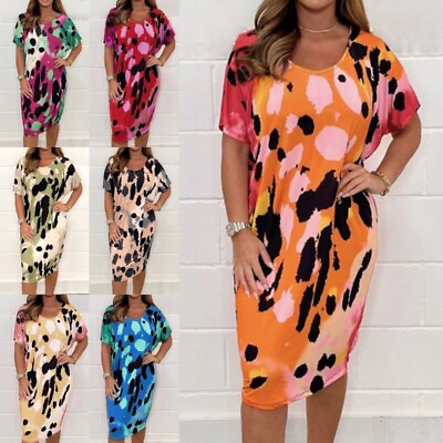 #ad Ladies Midi Dress Leopard Print Summer Beach Sundress Women Kaftan Travel $27.16