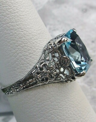 #ad Aquamarine 3ct Sim Sterling Silver Filigree Ring Custom Made * D206 $44.00