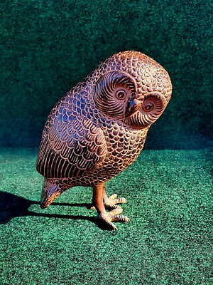 #ad Metal Cast Iron Owl Art Statue Figure Intricate 7in Tall Bird 2lbs VTG MCM $49.99