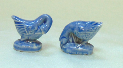 #ad Vintage England Blue Porcelain Bisque Swan Duck Miniature Figurines $18.50