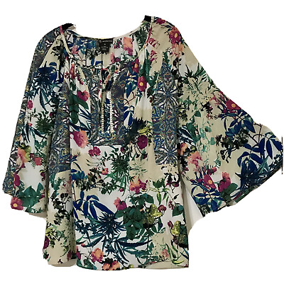 #ad New Directions Women’s PL Blouse Tropical Floral Multi Print 3 4 Bell Sleeve Top $16.99