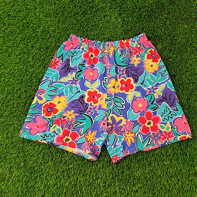 #ad Vintage 90s Flower Floral Tropical Shorts Womens XL 28x6 Rainbow Pink Purple Red $21.18