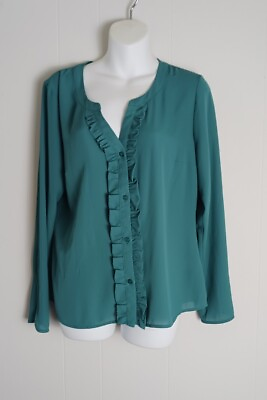 #ad Candie#x27;s Ruffle Front Button Down Long Sleeve Blouse Women#x27;s Size L $19.60