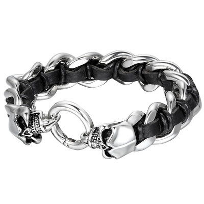 #ad Men Stainless Steel Black Leather Bracelet Skull Clasp Link Chain Wristband 8.7quot; $24.99