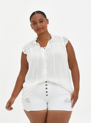 #ad Torrid Chiffon Clip Dot Smocked Ruffled Trim Short Sleeves White Top Plus 4X $15.80