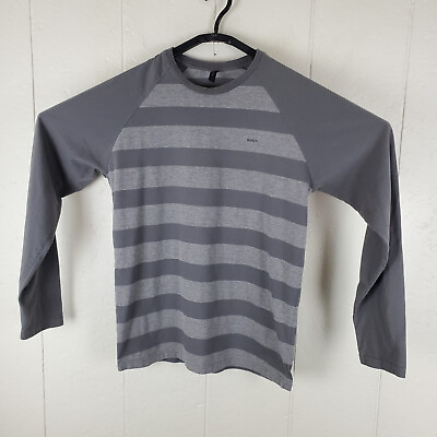#ad RVCA Shirt Mens Medium Gray Stripe Logo Crew Neck Long Sleeve Stretch Pullover $13.10