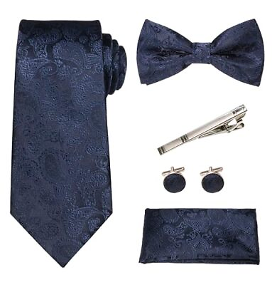 #ad Navy Blue Paisley Tie and Bow Tie with Pocket Square and Tie Clip Cufflinks S... $23.14
