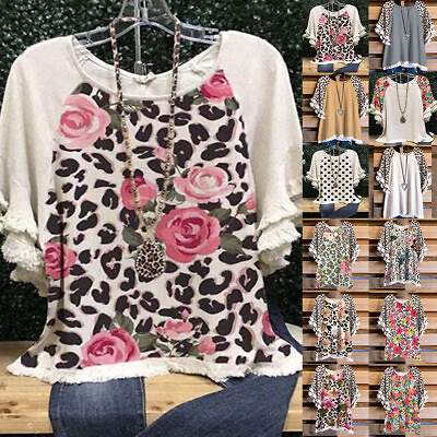#ad Womens Leopard Print Loose T Shirt Summer Tassel Short Sleeve Casual Tops Blouse $20.49