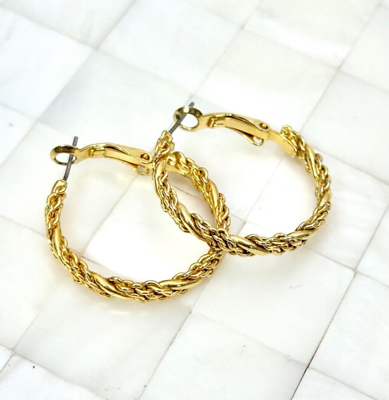 #ad Gold Tone Twisted Textured Hoops Earrings The Vintage Strand Lot #3971 $9.99