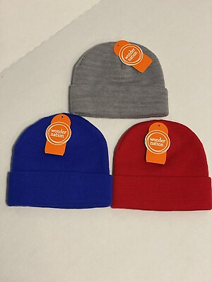 #ad wonder nations boys winter hats OSFM grey blue red 3 beanies hats $15.99