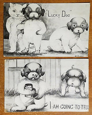#ad 2 Vintage A.E. Avery Dog Postcards: Lucky Dog I Am Going To Tell $7.99
