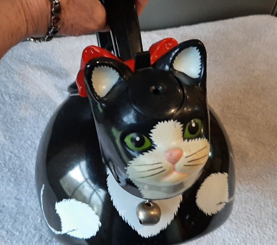 #ad 1990s Black amp; White Kitty Cat 10 Cup Whistling Metal Tea Kettle Ancona Works $39.99