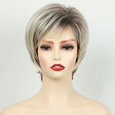 #ad Chic Short Layered Cut Dark Roots Blonde Mix Hair Blend Heat Ok Wigs Soft $15.29
