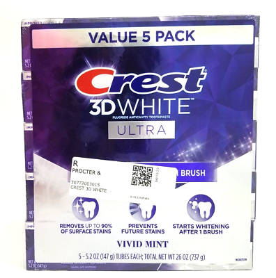 #ad Crest 3D White Ultra Whitening Toothpaste Vivid Mint Flavor 5.2oz 5 Pack $19.99