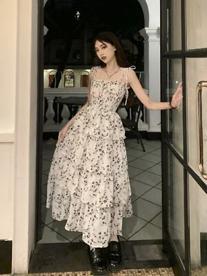 #ad Fairycore White Graduation Dress Korean Slip Floral Dresses Vintage Long Prom $50.05