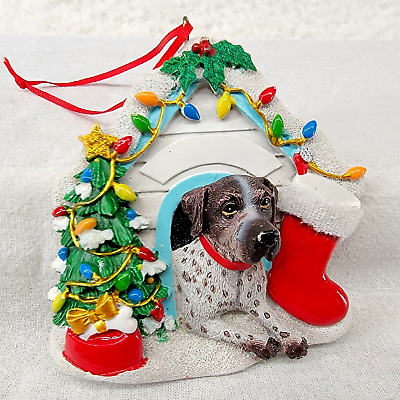 #ad Christmas Dog German Shorthaired Pointer w House Tree Stocking Dog House Resin $9.18