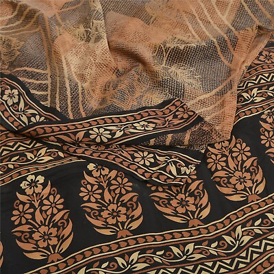 #ad Sanskriti Vintage Sarees Brown Black Pure Crepe Silk Printed Sari Craft Fabric $38.00