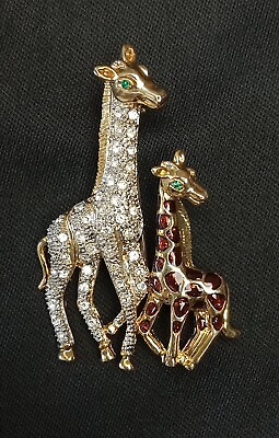 #ad Vintage Unique Mother And Baby Giraffe Crystal Rhinestone Pin Brooch $85.55