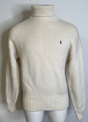 #ad Polo Ralph Lauren Ivory Wool Turtleneck Sweater Mens XL LS Navy Pony Emb Logo $191.33