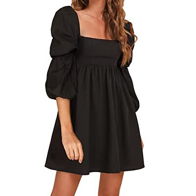 #ad Exlura EXLURA Womens Square Neck Long Puff Sleeve A Line Short Mini Dress Black $7.99