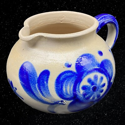 #ad Vintage Salt Glazed Art Pottery Floral Round Pitcher Cobalt Blue 3.5”T 6.5”W $45.00