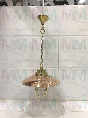 #ad Nautical Solid Brass Hanging Ship new Light With Copper Shade amp; Brass Chain $142.56