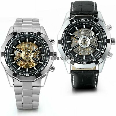 Mens Stainless Steel Leather Band Skeleton Dial Automatic Mechanical Wrist Watch $38.99