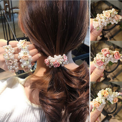 #ad Womens Hairband Ponytail Holder Elastic Hair Tie Band Rope Chic Flower Pearl✔ $1.85