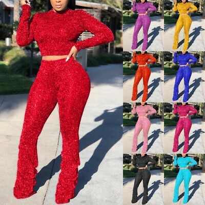 #ad Women Two Piece Outfit Sequin TopsBottoms Set Ladies Comfy Party Elastic Waist $44.34