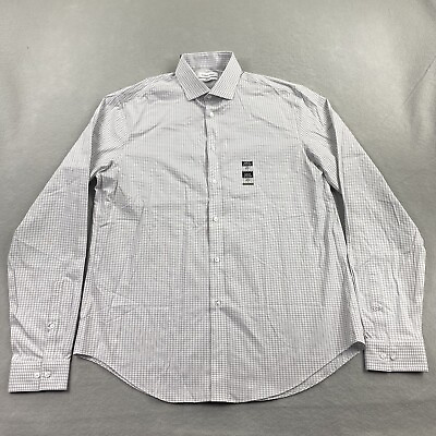 #ad Calvin Klein Shirt Mens Large White Button Up Slim Fit Long Sleeve Plaid $19.99