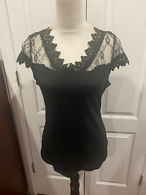 #ad Women V Neck Shirt Short Lace Sleeve Sz M Black $24.99
